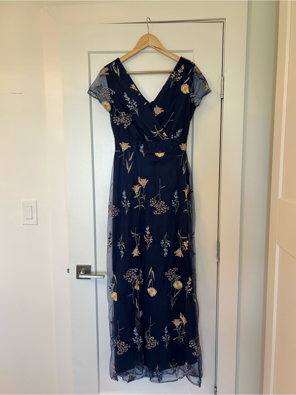Navy Floral Maxi Dress with V-Neck